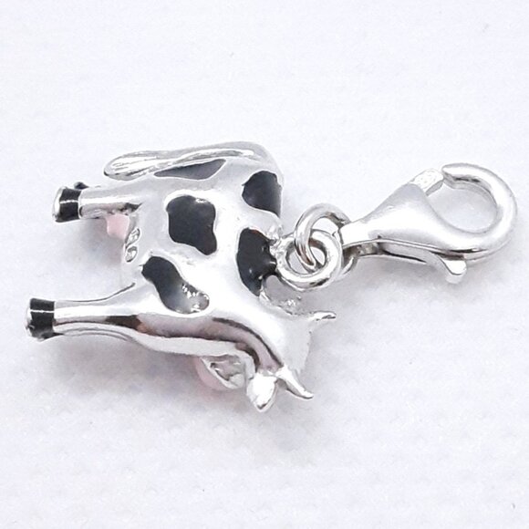 New 925 sterling silver and enamel cow charm.  Lobster claw clasp. - Picture 2 of 9